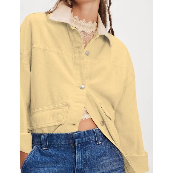 Women's Oversized Denim Jacket with Contrast Trim Long Sleeve Button Down Yellow - Picture 6 of 6